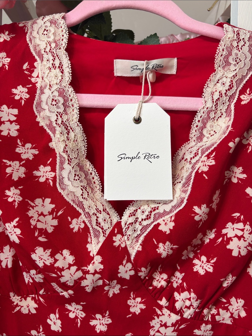 Red Floral Midi Dress with Lace V-Neck - Picture 2 of 5